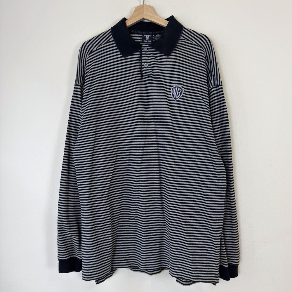 Vintage 90s Warner Brothers Movie Logo Black White Striped Polo Tee Shirt XL/XXL